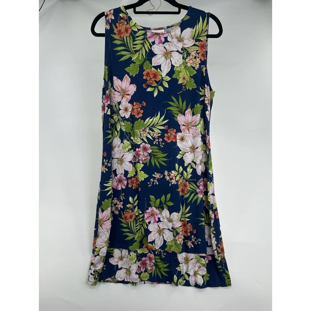 J. Jill Blue Floral Tank Sleeveless Shift Dress Size L Tropical Casual Women - Picture 6 of 9